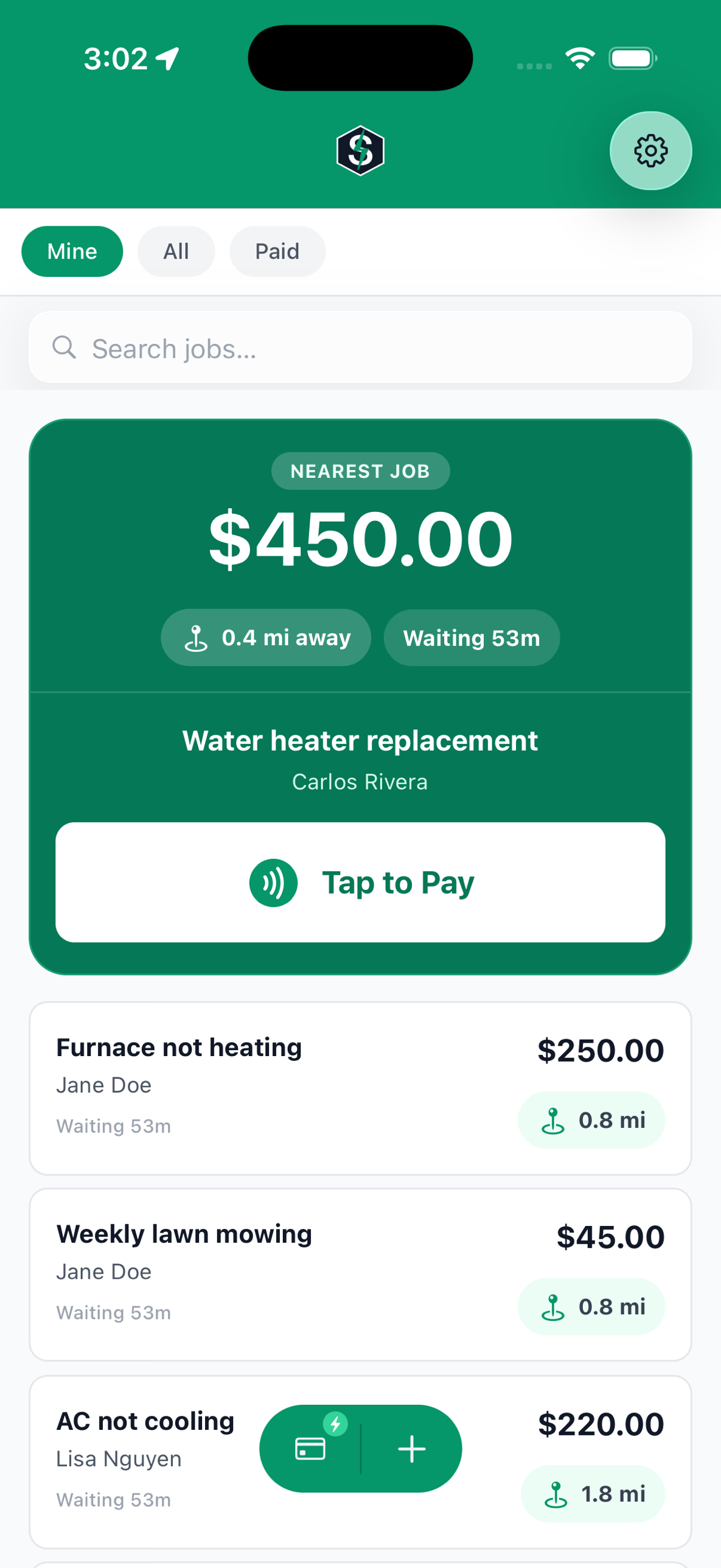 TradePay jobs list — sorted by distance, closest job first