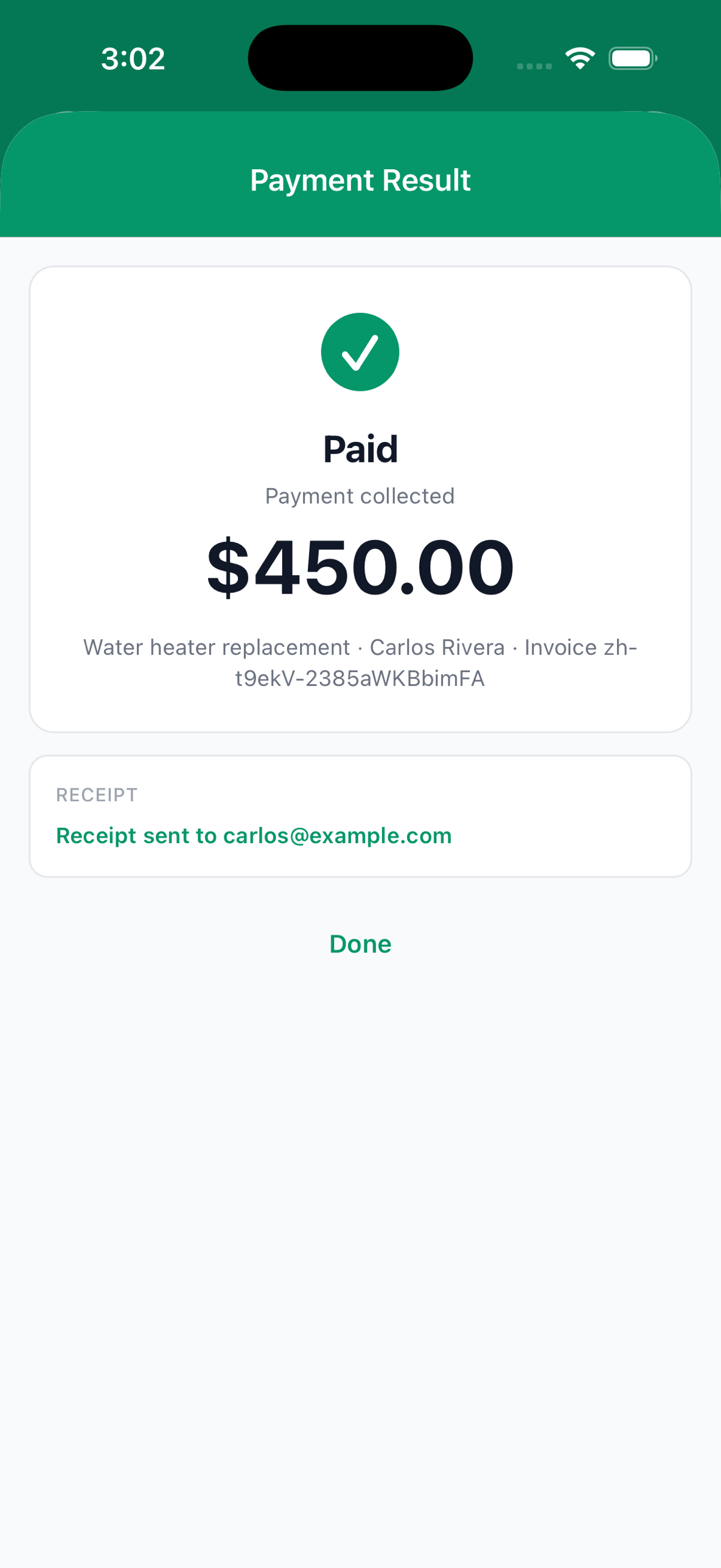 Payment Result — Paid, $450, receipt sent