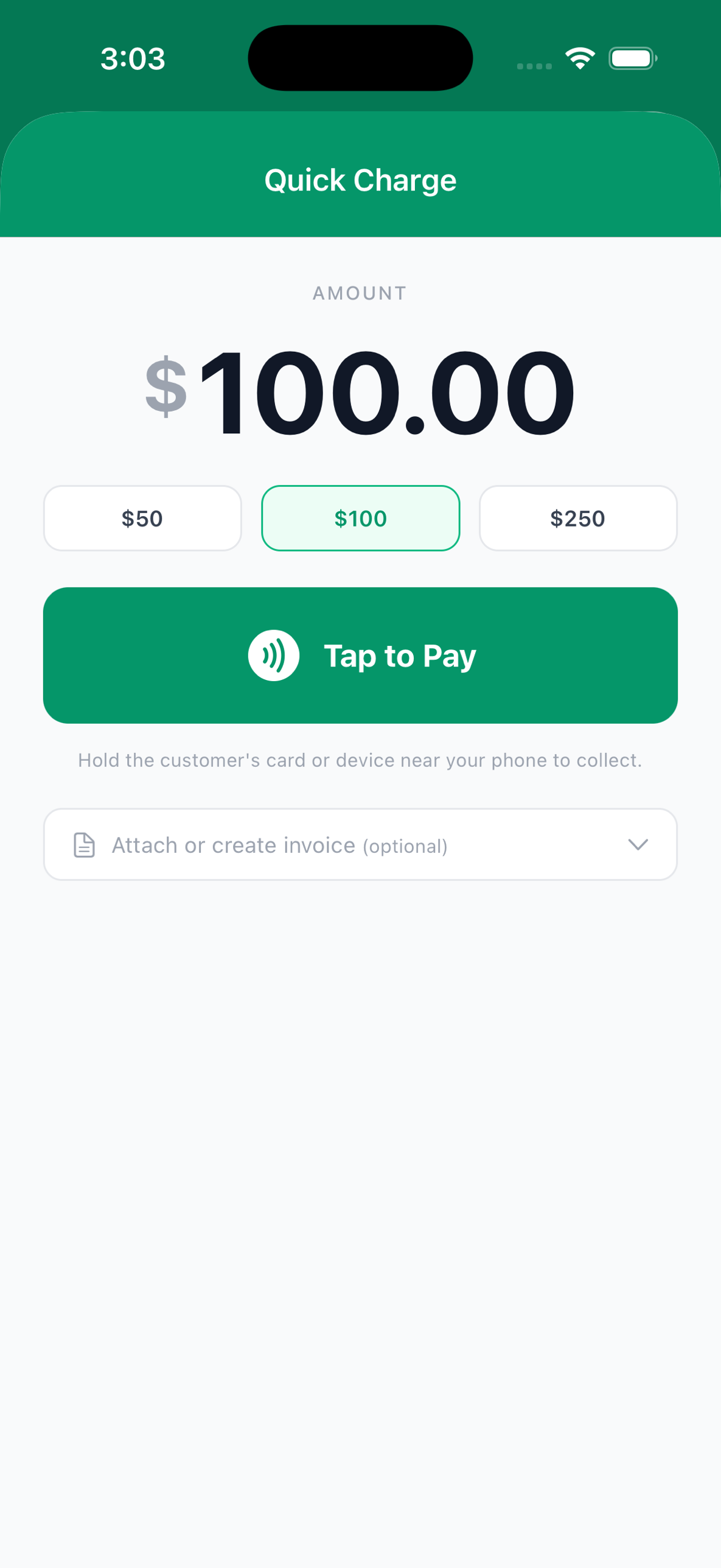 Quick Charge screen — enter amount, Tap to Pay